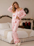 Women’s Two Piece Christmas Pajamas Set Long Sleeve Button Shirt Tops and Long Pants Fall Lounge Outfits