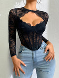 Solid Color Slim Low-Cut Tube Top Lace Mesh Patchwork Lace Sexy Hollow Out Fishbone Top Long Sleeve Vest Transparent Charm NJWG