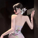 Hanging Neck Flower Print Off-the-shoulder Dress For Woman Pure Desire Backless Sleeveless Dress Elegant Nightclub Style 1P2O