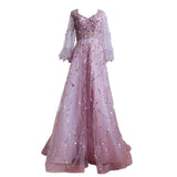Women Evening Dress Lantern Sleeve V Neck Shiny Sequin A-line Double-layered Floor Length Mesh Cocktail Party Dress Prom Gown