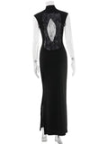 Ahagaga Fashion Sexy Women's Maxi Dresses Turtleneck Short Sleeves Hollow Out Lace Patchwork Sheath Split Party Solid Vestidos