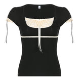 Women Summer T-shirt Lace Patchwork Square neck Short Sleeve Tee Tops Casual Retro Kawaii Y2K Aesthetic Shirts