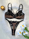 A Set of Black Sexy Lingerie, Featuring Leopard Print and Floral Patterns, Has Highly Alluring Transparent Visual Effect ZA82518