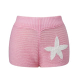 Women Slim Fit Stylish Decorative Starfish Ribbed Elastic Mid Rise Shorts Spring/Summer Holiday Beach Casual Knit Shorts