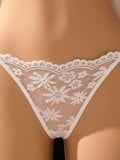 White Daisy Floral Lace Sheer Mesh Babydoll Lingerie Set Slip Nightdress With Matching Thong Women Sexy Sleepwear ZA825096