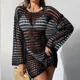 Womens Beach Cover Up Knit Solid Color Long Sleeve Dress Sexy Slim-Fit Beachwear Cover Up Beach Holiday Sun Protection Clothing