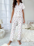 Women Sleepwear Black Lace Trim Cherry Print 2 Piece Pajamas Set Short Sleeve Top & Full-Length Pants Homewear