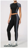 Nake Yoga Set Women's Tracksuit Color Contrast Short Sleeve Slim Sports T Shirts High Waist Leggings Fitness Clothes Gym Outfits