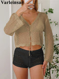 V Neck Long Sleeve Hollow Out Crochet Knitted Tunic Beach Dress Beach Wear Beachwear Beach Cover Up Cover-upsFemale Women V7192