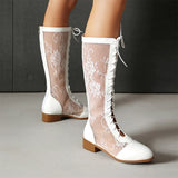 2026 Plus Size 48 Black Flower Mesh Lace Knee High Boots Women Breathable Square Heels Red White Summer Boots Shoes Zipper