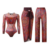 S - XXL 3PCS New Printed Long Sleeve With Pants Sarong Women Swimwear One Piece Swimsuit Female Bather Bathing Suit Swim K7180