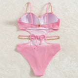 Sexy Push Up Underwire One Piece Swimsuit Women Solid Pink Metal Chain Hollow Out Ribbed Bathing Suit Backless Swimwear Monokini