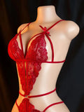 Crotchless Red Sexy Lingerie Women Lace Hollow Bra Set Erotic Costumes Teddy Baby Doll Dress Deep V Open Bra Sexiest Bodysuits