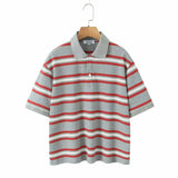 Foridol Burgundy Striped Casual Women T-shirt Summer Loose Polo Shirts Buttons New Female Tops Blouse White Tops Spring Shirt