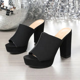 Summer New Women's Square Toe High-heeled Slippers Platform Black Fish Mouth Plus Size Party Shoes