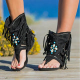 Retro Women Fringe Flower Wedges Shoes 2022 Solid Flock Beach Casual Sandals Women Summer Flip Flop Sandals