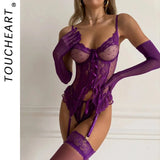 Toucheart Erotic Lingerie Sexy See-through Gather Together Bra Dots Embroidery Flirt Open Crotch Panty with Stockings Underwear