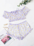 Mesh Floral Printed Off Shoulder 2Pcs Lingerie Set for Women Sexy Underwear Transparent Tops+Shorts Panties Exotic Sets