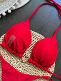 Women's Solid Color Sexy Bikini Set 2-piece Split Beach Swimsuit Red
