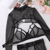 Toucheart Sexy Lingerie Set For Women Hollow Mesh See-through Sexy Temptation Free Underwear Long Sleeves Garters Lingerie Set