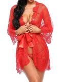 Women Sexy Lingerie Erotic Transparent V-Neck Nightwear Babydoll Robe G-string Costume Kimono Robe Lace Sleepwear Dress