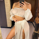 2026 Leopard Off Shoulder Long Sleeve 2 Pieces Set Beach Cover Up Cover-ups Beach Dress Beach Wear Beachwear Female Women V3728