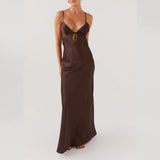 Women Cami Dress Solid Color Sleeveless Tie-Up Front Backless Dress Long Dress Summer Casual Dress