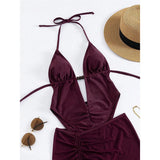 Sexy With Skirt Halter Deep V Neck Women Swimwear One Piece Swimsuit Female High Leg Cut Backless Bather Bathing Suit Swim V8112