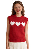 Women 2026 Sleeveless Crew Neck Pullover Fashion Daily Wear Top Cute Heart Print Pink Knitted Vest