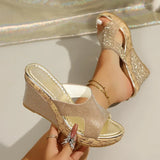 Gold Silver Crystal Wedges Sandals Women Fashion Plus Size 43 Chunky Heels Slippers Woman 2026 Summer Peep Toe Platform Sandles