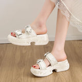 Luxury Rhinestone Thick Bottom Sandals Women 2026 New Silk Satin Embroidery High Heel Sandals Woman Summer Thick Heeled Slippers