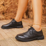 Fashion Woven Low Heel Pu Leather Shoes Women British Style Round Toe Lace Up Oxford Shoes Woman Plus Size 42 Breathable Flats