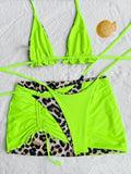 2026 Summer Leopard Print 3 Pieces Suit Swimwear Reversible Sexy Halter Lace-up Bikini Set Drawstring Skirt Cover Up Beachwear
