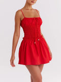 Cotton Summer Red Short Dress Women Strapless Beach Mini Dress Casual Ruffles Spaghetti Strap Boho Party Sleeveless Dress