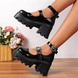 Black Chunky High Heels Mary Jane Shoes Women Punk Style Double Buckle Platform Pumps Woman Plus Size 43 Thick Heels Party Shoes