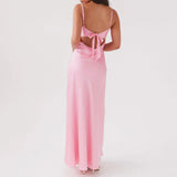 Women Cami Dress Solid Color Sleeveless Tie-Up Front Sleeveless Backless Dress Long Dress Summer Casual Spaghetti Strap Dress