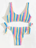 2026 New Sexy Bikini Women Rainbow Stripe Pleated Swimwear Swimsuit Knotted Bikinis Set Bathing Suit Beach Bikini Female Push Up