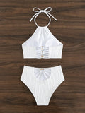 2026 Sexy High Wasited Swimsuit Women Solid White Bikini High Neck Swimwear Female Bathers Bathing Swimming Swim Suit Beachwear