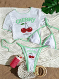 XS - L Cherry Printed Short Sleeve Bikini Female Swimsuit Women Swimwear Three-pieces Bikini set Bather Bathing Suit Swim V6854