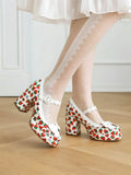 Big Size 43 High Quality Women's y2k Block High Heels Sweet Strawberry Print Mary Jane Pumps Black Pink Platform Lolita Shoes