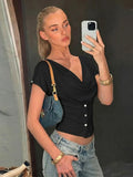 FDYOUI Fashion Casual Swinging Collar T-shirts Y2K Woman Clothes Short Sleeve Buttons Corset T Shirt Ladies Solid Crop Tops Tees