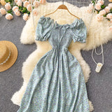 2025 Summer French Vintage Floral Dress Fashion Elegant High-Waisted Drawstring Vestidos Printed Fresh And Sweet Long Dresses