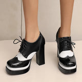 Bright Patent Leather Patchwork White PU Lace Up High Heels with Breathable Lining, Wavy and Serrated Patterns, Sweet Pumps
