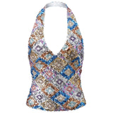 Summer Women Sequin Vest Open Back Sleeveless Halter Slim Fit Tank Tops Sexy Fashion Street Retro Corset Shirts