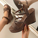 Ankle Buckle Coffee Wedges Sandals Women 2026 Summer Woven Chunky Platform Sandles Woman Peep Toe Plus Size Fashion Sandals 42
