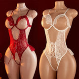 White Red Sexy Lace Underwear Erotic Hollow Bra Set Women Crotchless Bodysuit Transparent Deep V Open Bra Lingerie Set