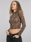 European American Women Mesh Leopard Print Tops Stand Collar Long Sleeve Short T Shirt Elegant Versatile Inner Blouse Daily Casu