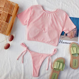 Bikini 2026 Sexy Pink Short Sleeve Hollow Swimwear Swimsuit Women Bikinis Set Bathing Suit Beach Bikini Female Metal Ring Decor