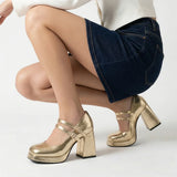 Big Size 32-46 Y2K Metallic Mary Jane High Heels Women Shoes Round Toe Double Straps Rhinestone Buckle Platform Block Heel Pumps