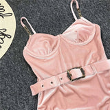 Ribbed Push up Underwired Metal Chain Women Swimwear One Piece Swimsuit Female Waist Belt Monokini Bather Bathing Suit Swim Lady